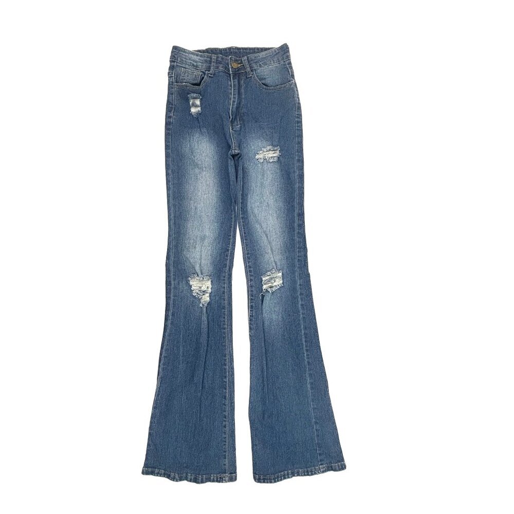 Shein Jeans Women XS Blue Distressed Flare Dark Wash Denim